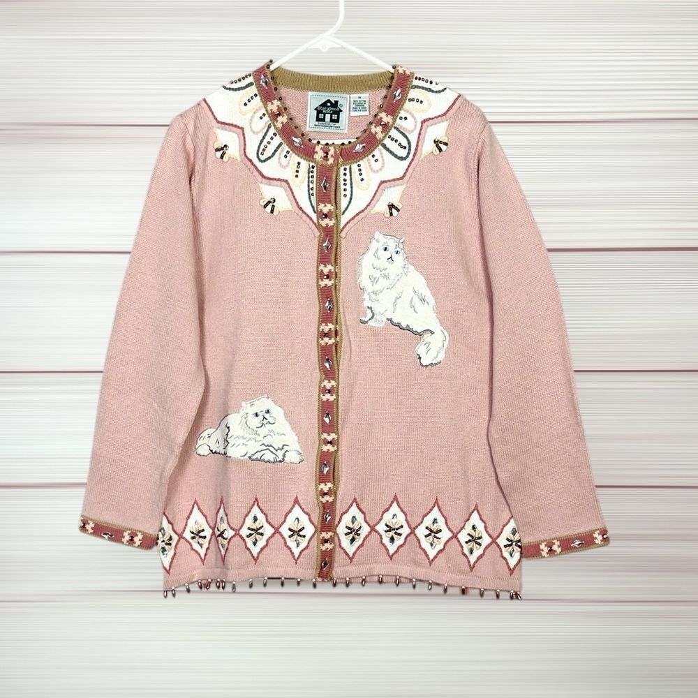 NWT Storybook Knits Cats Design Cardigan Pink Beaded Cotton size 1X Vintage - Picture 2 of 16